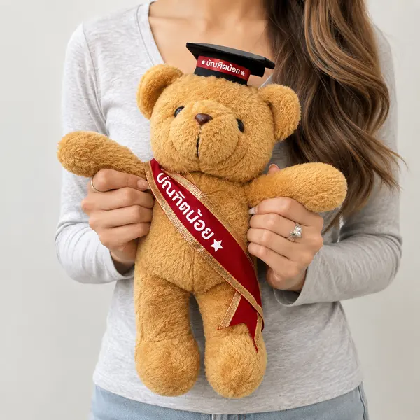 A teddy bear wears a graduation cap and a red sash with Thai writing.