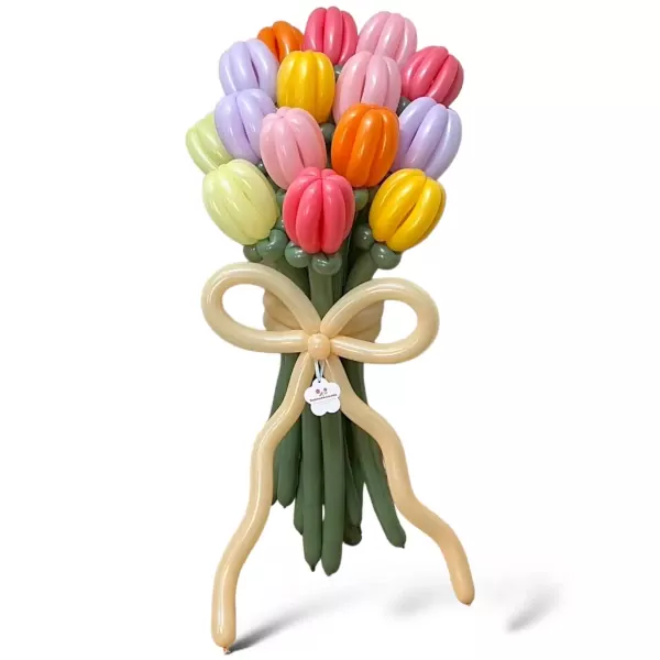 Balloon bouquet of 15 colorful tulips in yellow, pink, orange, green, and purple with a beige ribbon bow.