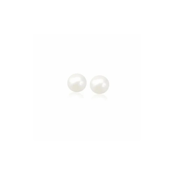 Two 8mm round white pearl stud earrings on a white background.