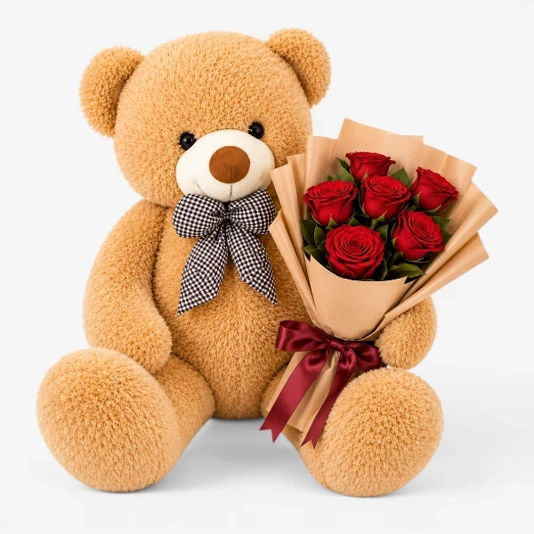 Giant teddy bear with a bouquet of red roses wrapped in brown paper, tied with a red ribbon.