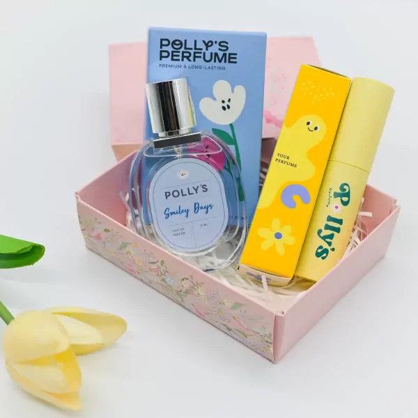 Perfume gift set C: 'Smiley Days' perfume, rollerball perfume, and blue box.