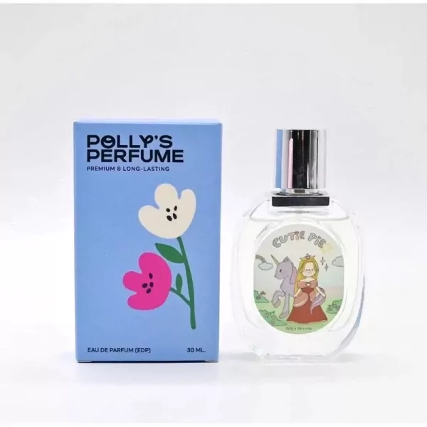 Polly's Perfume "Cutie Pie" EDP bottle and box with flower and unicorn designs.