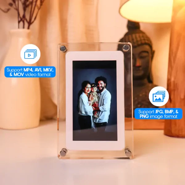 Digital frame with family photo, showing supported video and image formats.