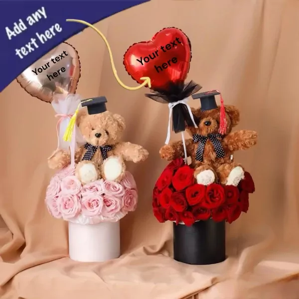 Graduation charm box with teddy bears, roses, and balloons. Available in black and white.