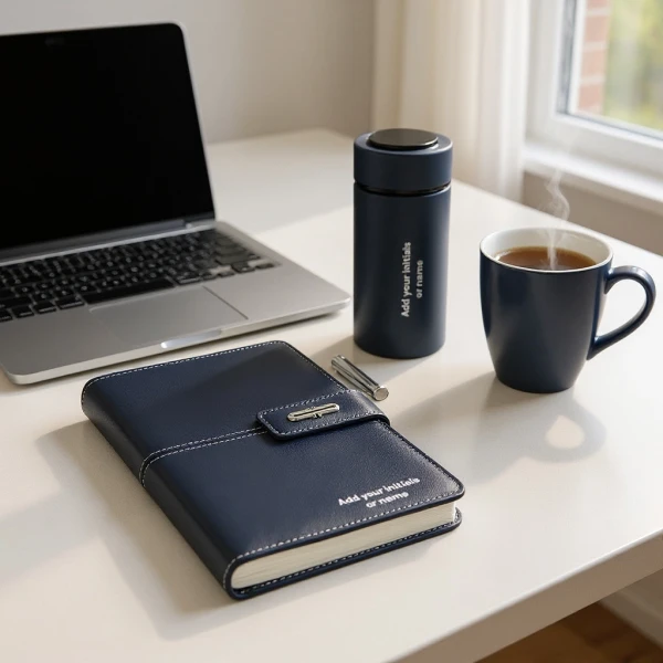 Laptop, notebook, pen, and coffee mug on a desk.