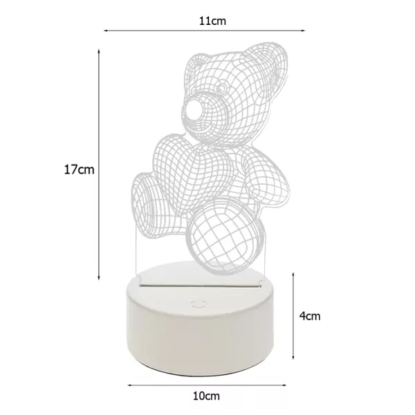 Wireframe teddy bear lamp with hearts, white base. Dimensions shown: 17cm height, 11cm width, 4cm base height, 10cm base width.