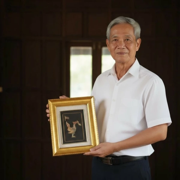 Elderly Asian man in white shirt holding framed Garuda Blessing Retirement Gift.