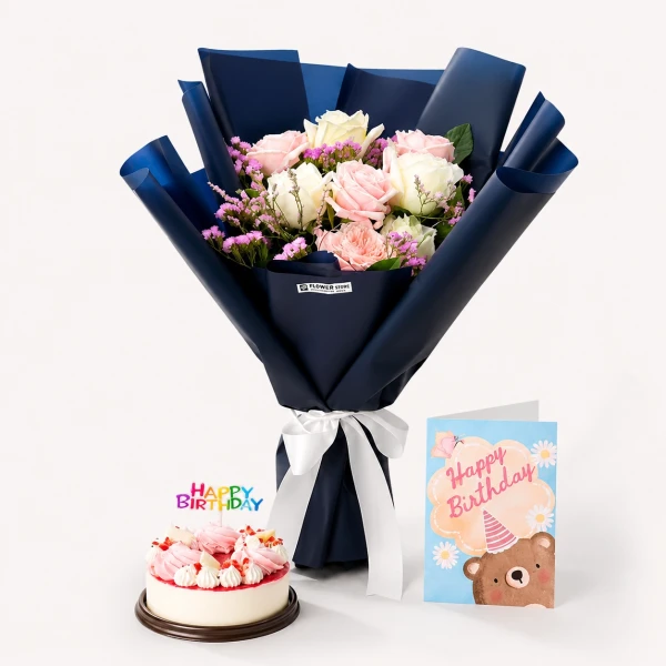 Birthday combo: bouquet of pink and white roses, small cake with "Happy Birthday" topper, and a bear-themed birthday card.