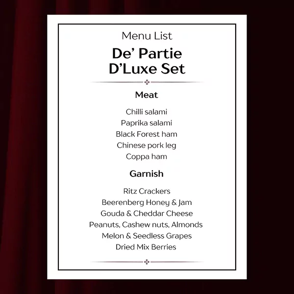 Menu list for "De' Partie D'Luxe Set" featuring meats and garnishes like salami, ham, Ritz crackers, and cheese.