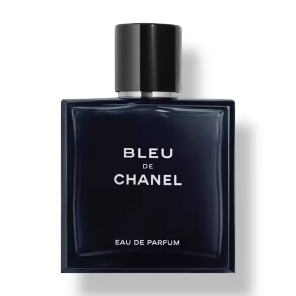 Bleu de Chanel Eau de Parfum fragrance bottle with black cap and dark blue glass.