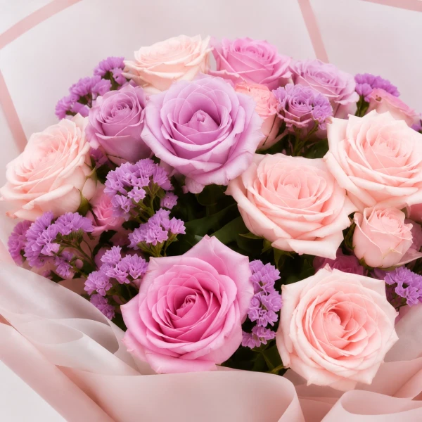 Pastel pink and purple rose bouquet wrapped in delicate pink paper with a ribbon.