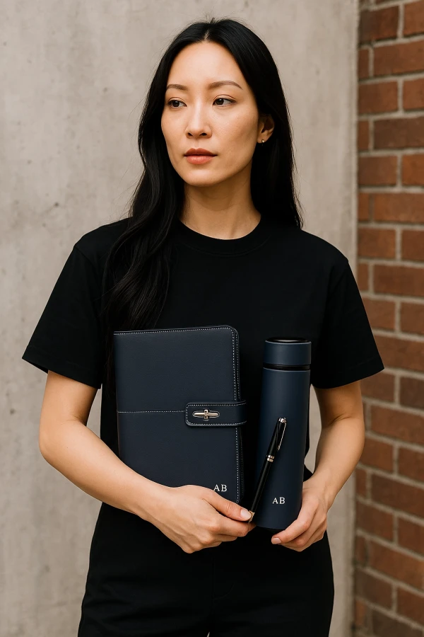 Woman in black t-shirt holding a personalized navy blue notebook and tumbler.