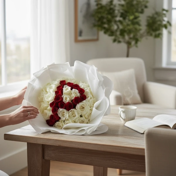 A bouquet of white and red roses arranged to form the letter "P" on a wooden table.