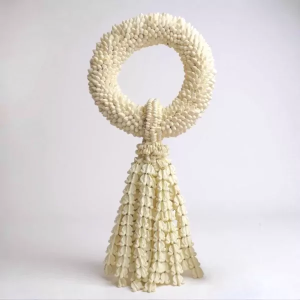 Jasmine garland with a circular top and a tassel of white flowers against a white background.