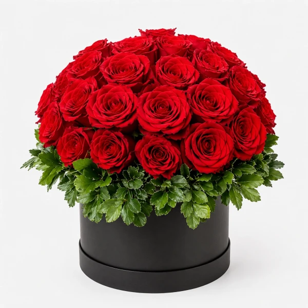 Round black box filled with 40 vibrant red roses and greenery.