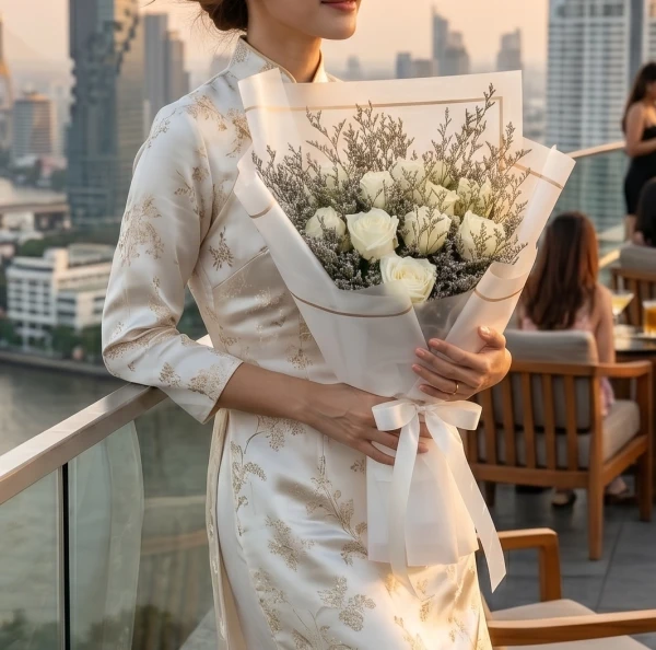 Woman in a traditional Chinese dress holds a bouquet of white roses on a city balcony.