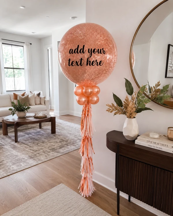 Rose gold glitter balloon with decorated with small balloons and fringe.