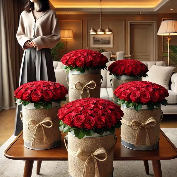Five vases brimming with red roses are displayed on a table, with a woman standing in the background.
