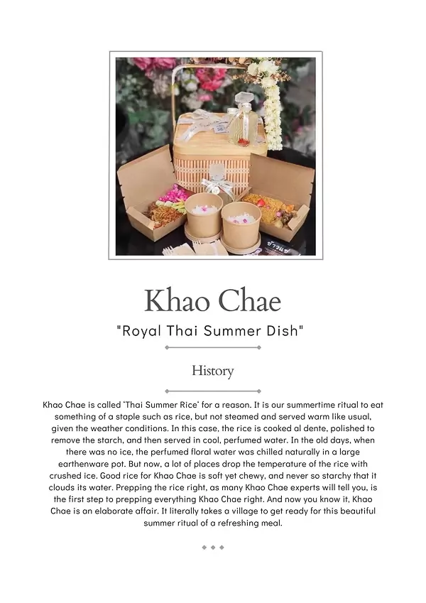 Khao Chae set in a wooden box with rice, jasmine water, and accompaniments.