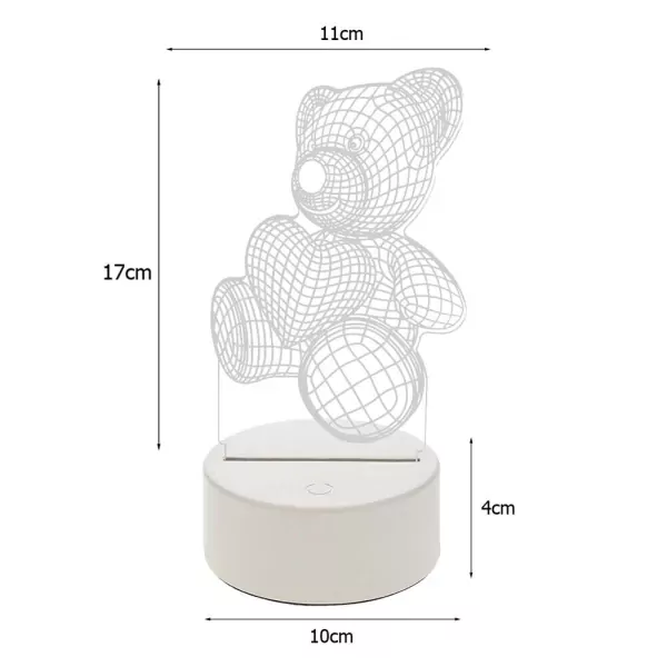 3D teddy bear lamp with heart and globe, on a white base. Dimensions shown.