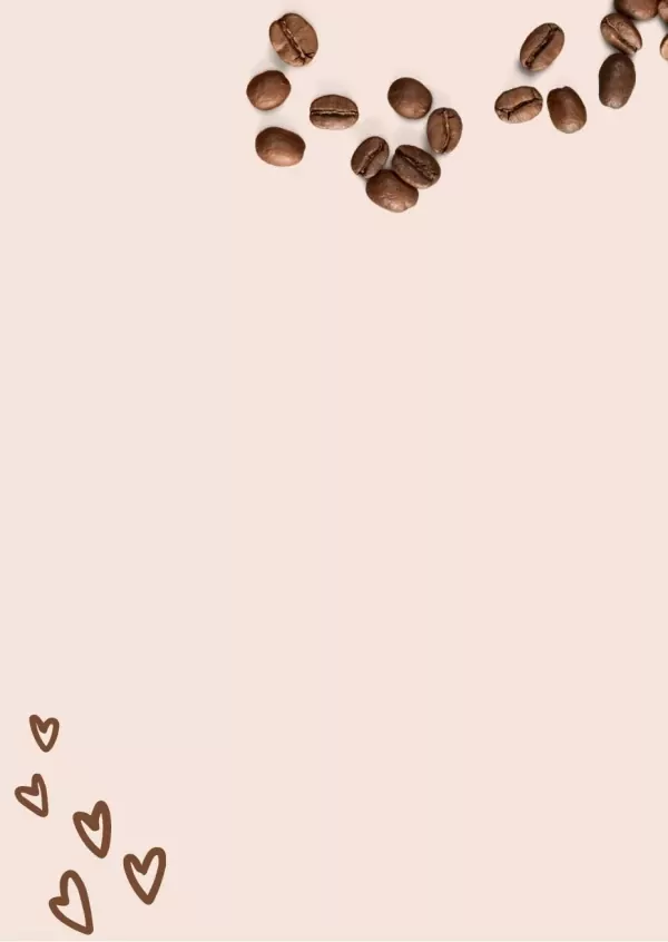 Brown coffee beans scattered across a pale pink background with hand-drawn hearts below.