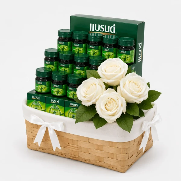 Gift hamper basket with bottles of Brand's Essence of Chicken and white flowers.