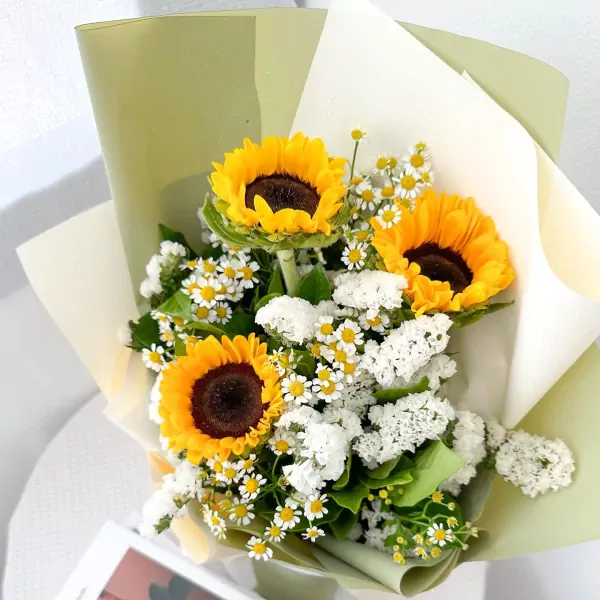 Three sunflowers with white statice flowers in a light green and cream bouquet wrap.