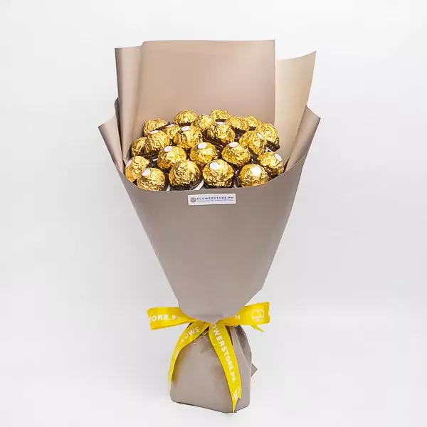 Bouquet of 22 Ferrero Rocher chocolates wrapped in brown paper and tied with a yellow ribbon.