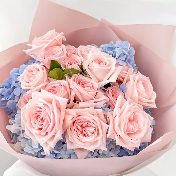 Pink roses and blue hydrangeas in a pink paper wrap.
