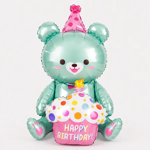 Mint green bear balloon wearing a pink party hat, holding a cupcake with "Happy Birthday" text.