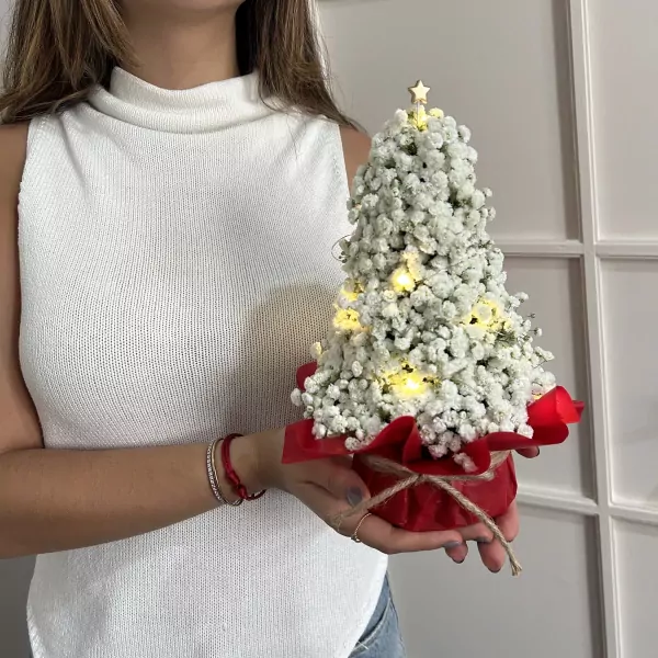 Woman holding a white gypsophila Christmas tree with fairy lights and a star topper.