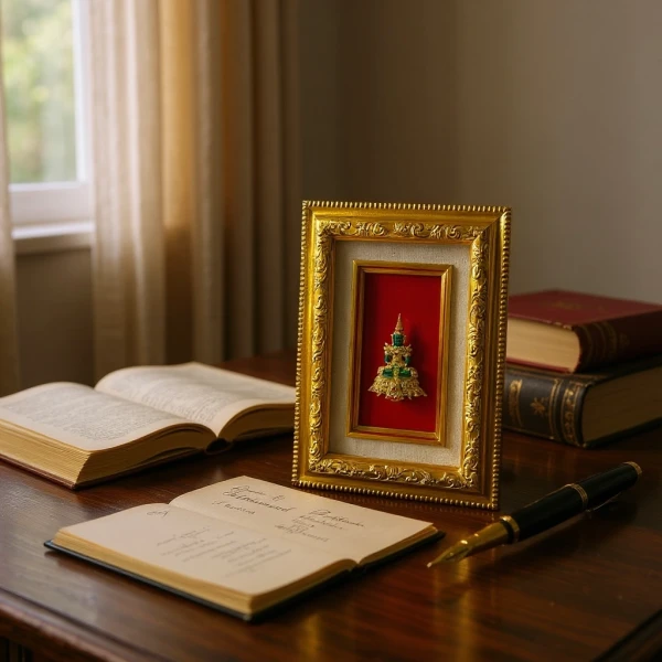 Gold-framed Emerald Buddha with green crystals sits on a wooden desk next to books and a pen.