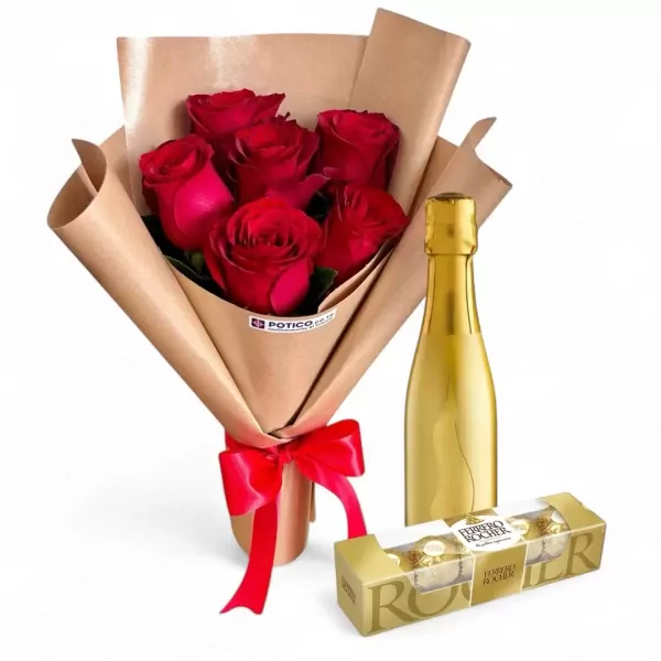 Combo Sparkling, Ferrero & 6 Roses Bouquet - Standard