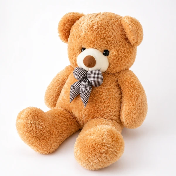 Giant brown teddy bear sitting with a black and white checkered bow tie.