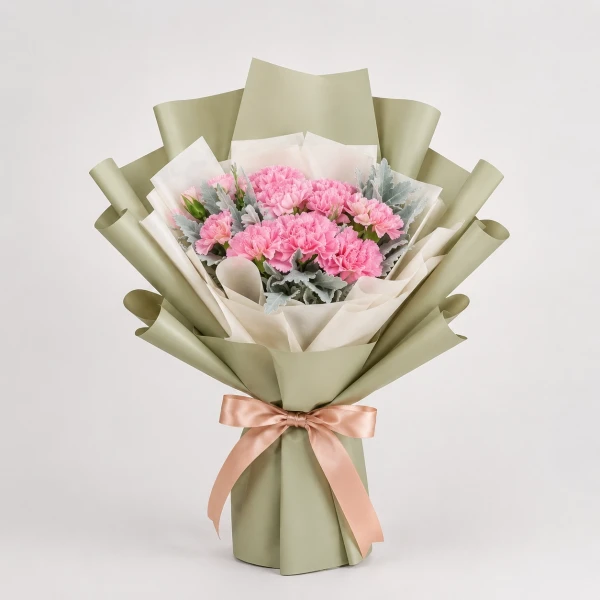 Pink carnations and dusty miller in a green bouquet tied with a peach ribbon.