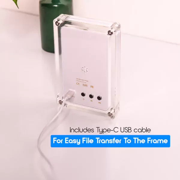 Back of a digital photo frame with USB-C port and buttons, showing text overlay about file transfer.