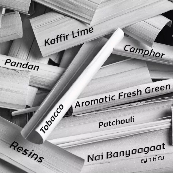Swarms of lemongrass stalks with labels like "Tobacco", "Pandan", "Kaffir Lime", "Camphor", "Aromatic Fresh Green", "Patchouli", "Resins", and "Nai Banyaagaat".