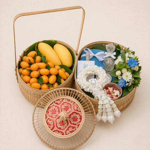 Bamboo basket with mangoes, plumies, and a flower garland, for Songkran.