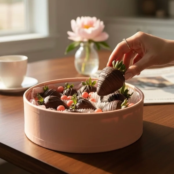 Hand holding a dark chocolate-covered strawberry over a pink box of chocolate-covered strawberries.