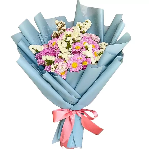 Bouquet of pink-purple mums and white statice in blue paper, tied with a pink ribbon.