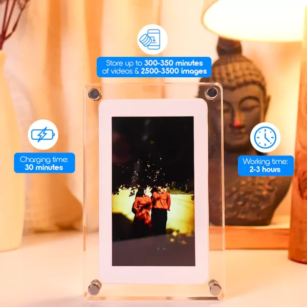 Digital photo frame with a couple's photo, charging and working time information.