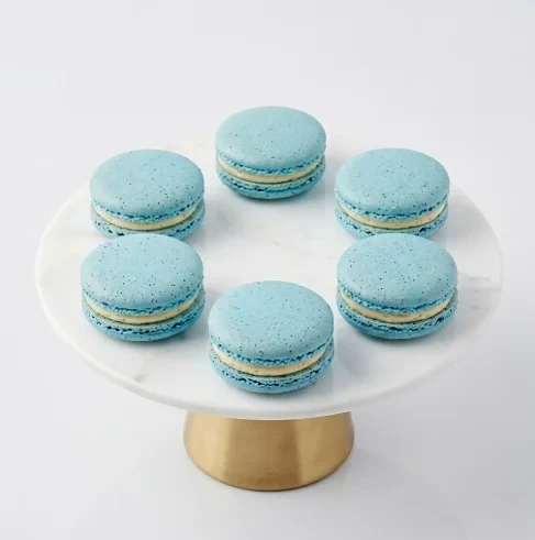 combo featuring a premium ceramic mug and a set of 6 exquisite macarons. The white ceramic mug can be personalized