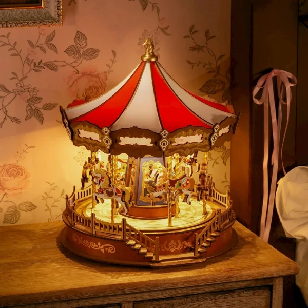 A DIY classic carousel 3D wooden puzzle on a wooden surface, illuminated by warm light.