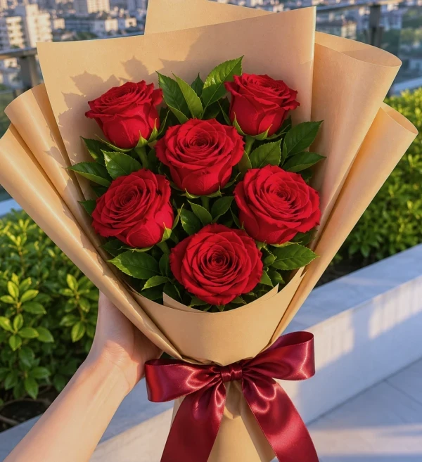 Bouquet of red roses in brown paper with a white ribbon, on a wooden surface.