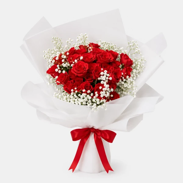 Bouquet of 24 red roses with white baby's breath, wrapped in white paper and tied with a red ribbon.