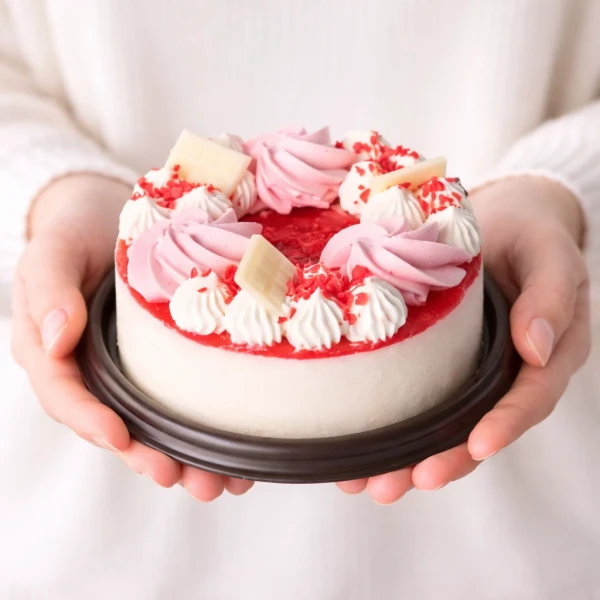 A small strawberry yogurt cake topped with pink and white whipped cream, white chocolate bars, and red sprinkles.