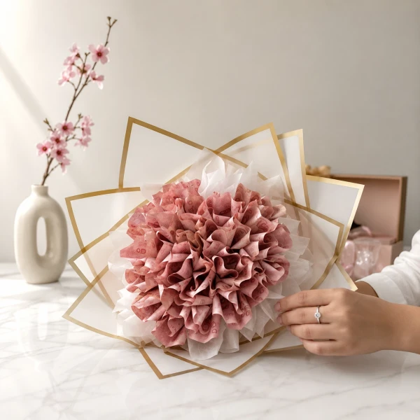 Money bouquet made of folded 5,000 Thai Baht bills in a rose shape.