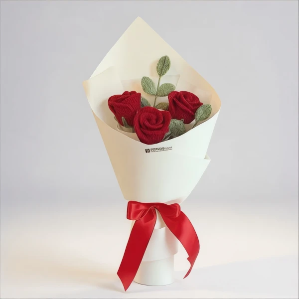 Crocheted bouquet of three red roses with green leaves, wrapped in white paper and tied with a red ribbon.