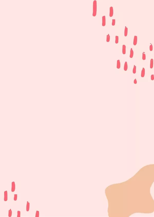 Pink card with red dashes in the top right and bottom left corners and a peach blob in the bottom right.