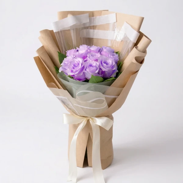 Purple rose bouquet in brown paper wrapping, tied with a cream ribbon.